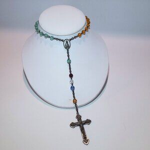 Vintage Catholic Rosary Multicolor Pressed Glass Beads Silver Tone Cross